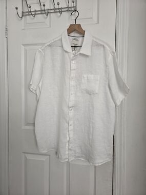 THOM AARON Men's White Linen Short Sleeve Button-Up Shirt